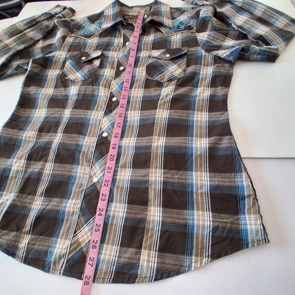 Roper Embroidered Plaid Snap Front Western Blouse Sz Large Turquoise Brown - Picture 9 of 10